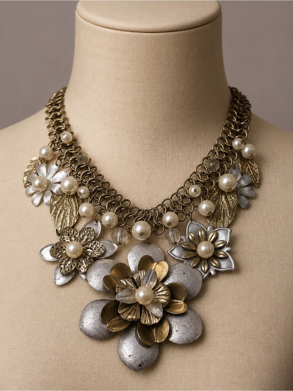Statement Floral Faux Pearl Necklace in Gold and Silver-Tone